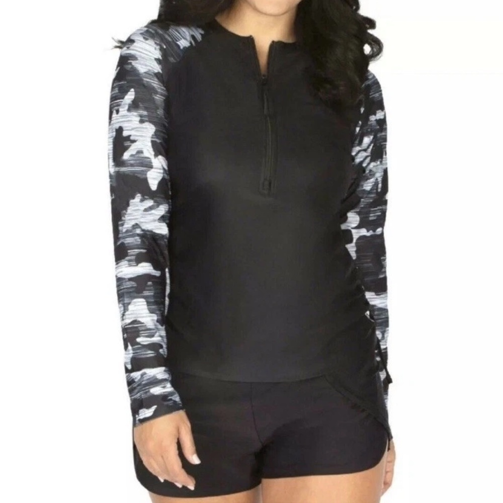 Free Country Top Womens S 4/6 Gray Black Camo Arms Drawstrings 1/4 Zip Pullover